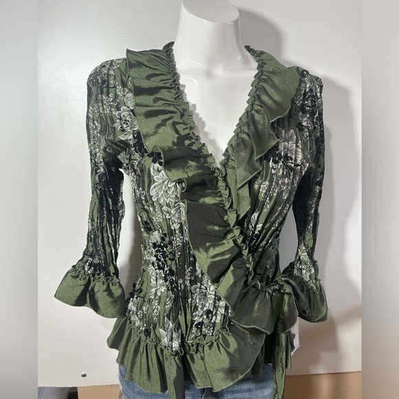 NWT PIANO GREEN FLORAL TOP BLOUSE WRINKLED TAFFETA FAIRY GOTH RENAISSANCE SIZE M - Picture 4 of 14